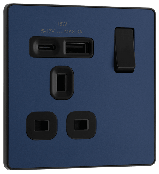BG Evolve Matt Blue Single, switched, single pole, with 1 x USB A + 1 x USB C - PCDDB21UAC18B-01