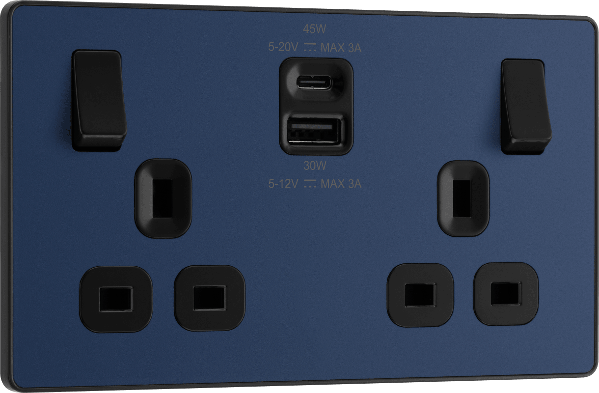 BG Evolve Matt Blue Double switched single pole, with USB A + C (45W) - PCDDB22UAC45B-01