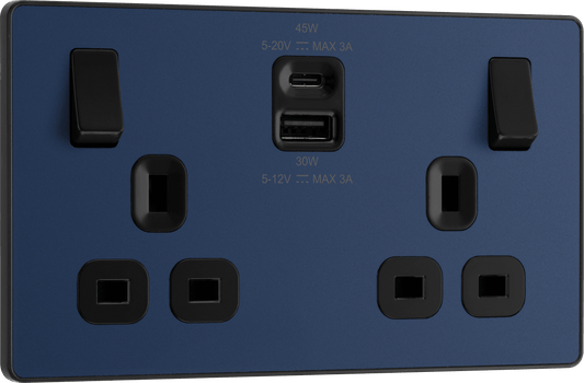 BG Evolve Matt Blue Double switched single pole, with USB A + C (45W) - PCDDB22UAC45B-01