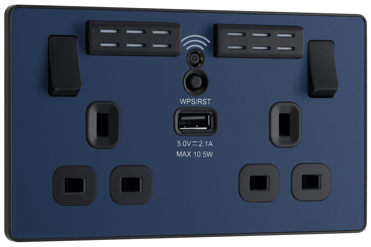 BG Evolve Matt Blue Double, switched, single pole, WiFi Extender + USB A - PCDDB22UWRB-01