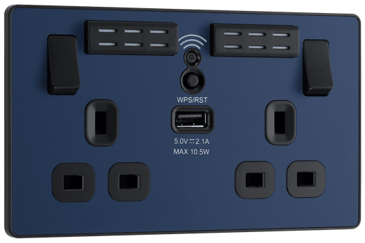BG Evolve Matt Blue Double, switched, single pole, WiFi Extender + USB A - PCDDB22UWRB-01