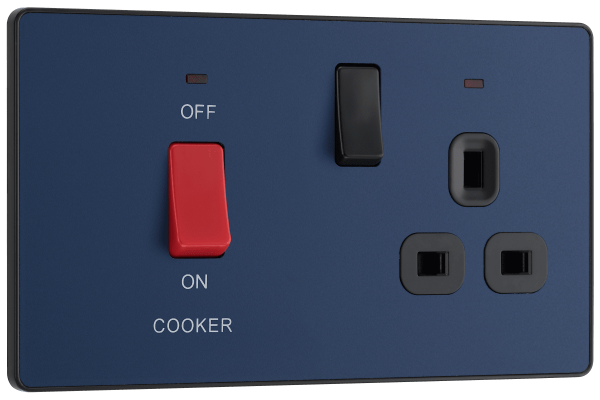 BG Evolve Matt Blue 45A double pole, with switched socket and indicators - PCDDB70B-01