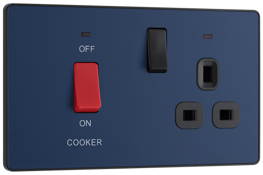 BG Evolve Matt Blue 45A double pole, with switched socket and indicators - PCDDB70B-01