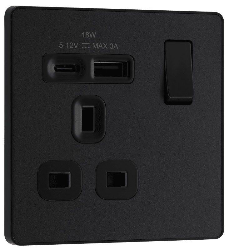 BG Evolve Matt Black Single, switched, single pole, with 1 x USB A + 1 x USB C - PCDMB21UAC18B-01