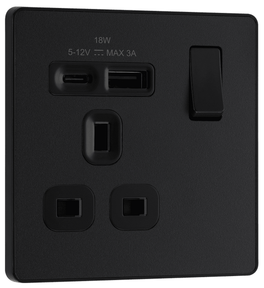 BG Evolve Matt Black Single, switched, single pole, with 1 x USB A + 1 x USB C - PCDMB21UAC18B-01