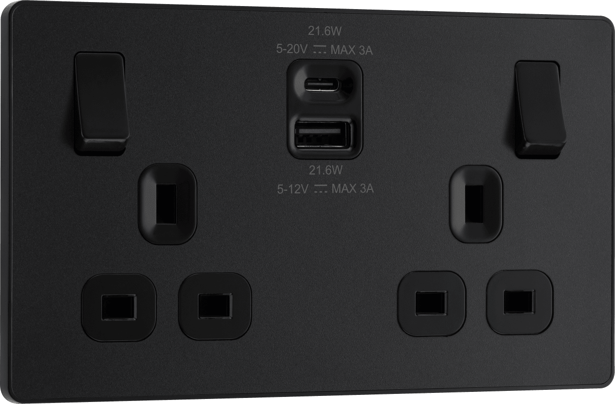 BG Evolve Matt Black Double switched single pole, with USB A + C (22W) - PCDMB22UAC22B-01