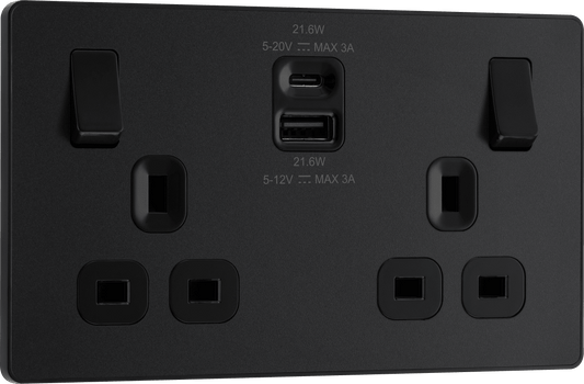 BG Evolve Matt Black Double switched single pole, with USB A + C (22W) - PCDMB22UAC22B-01