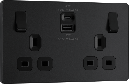 BG Evolve Matt Black Double switched single pole, with USB A + C (45W) - PCDMB22UAC45B-01