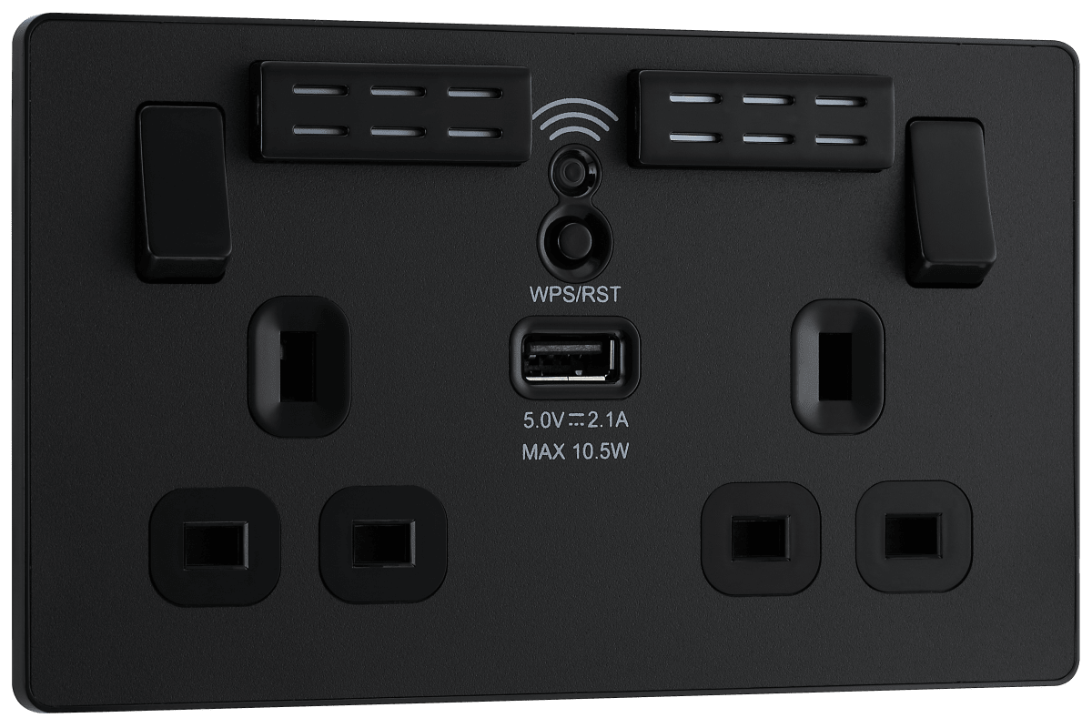 BG Evolve Matt Black Double, switched, single pole, WiFi Extender + USB A - PCDMB22UWRB-01