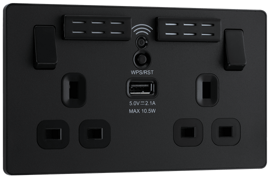BG Evolve Matt Black Double, switched, single pole, WiFi Extender + USB A - PCDMB22UWRB-01