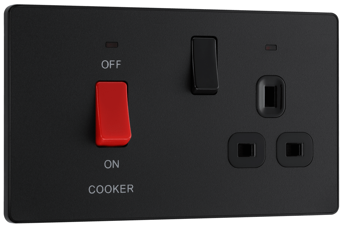 BG Evolve Matt Black 45A double pole, with switched socket and indicators - PCDMB70B-01