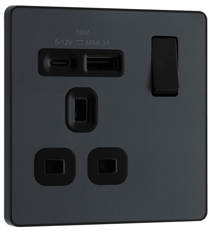 BG Evolve Matt Grey Single, switched, single pole, with 1 x USB A + 1 x USB C - PCDMG21UAC18B-01