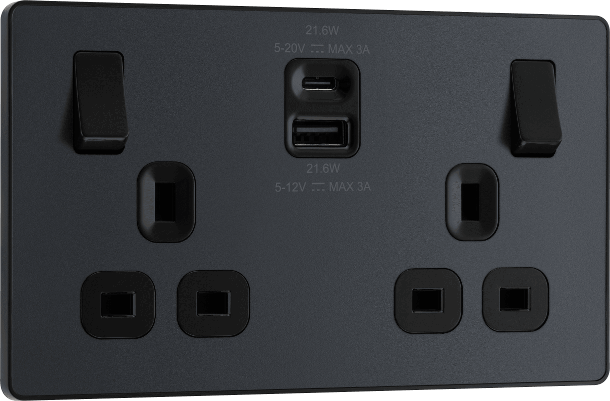 BG Evolve Matt Grey Double switched single pole, with USB A + C (22W) - PCDMG22UAC22B-01