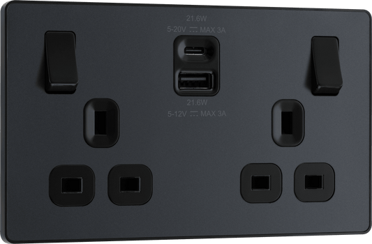 BG Evolve Matt Grey Double switched single pole, with USB A + C (22W) - PCDMG22UAC22B-01