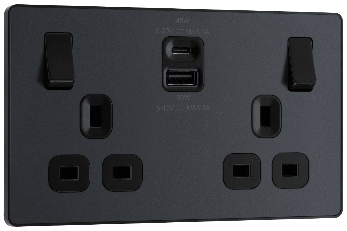 BG Evolve Matt Grey Double switched single pole, with USB A + C (45W) - PCDMG22UAC45B-01