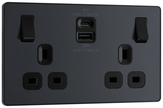 BG Evolve Matt Grey Double switched single pole, with USB A + C (45W) - PCDMG22UAC45B-01
