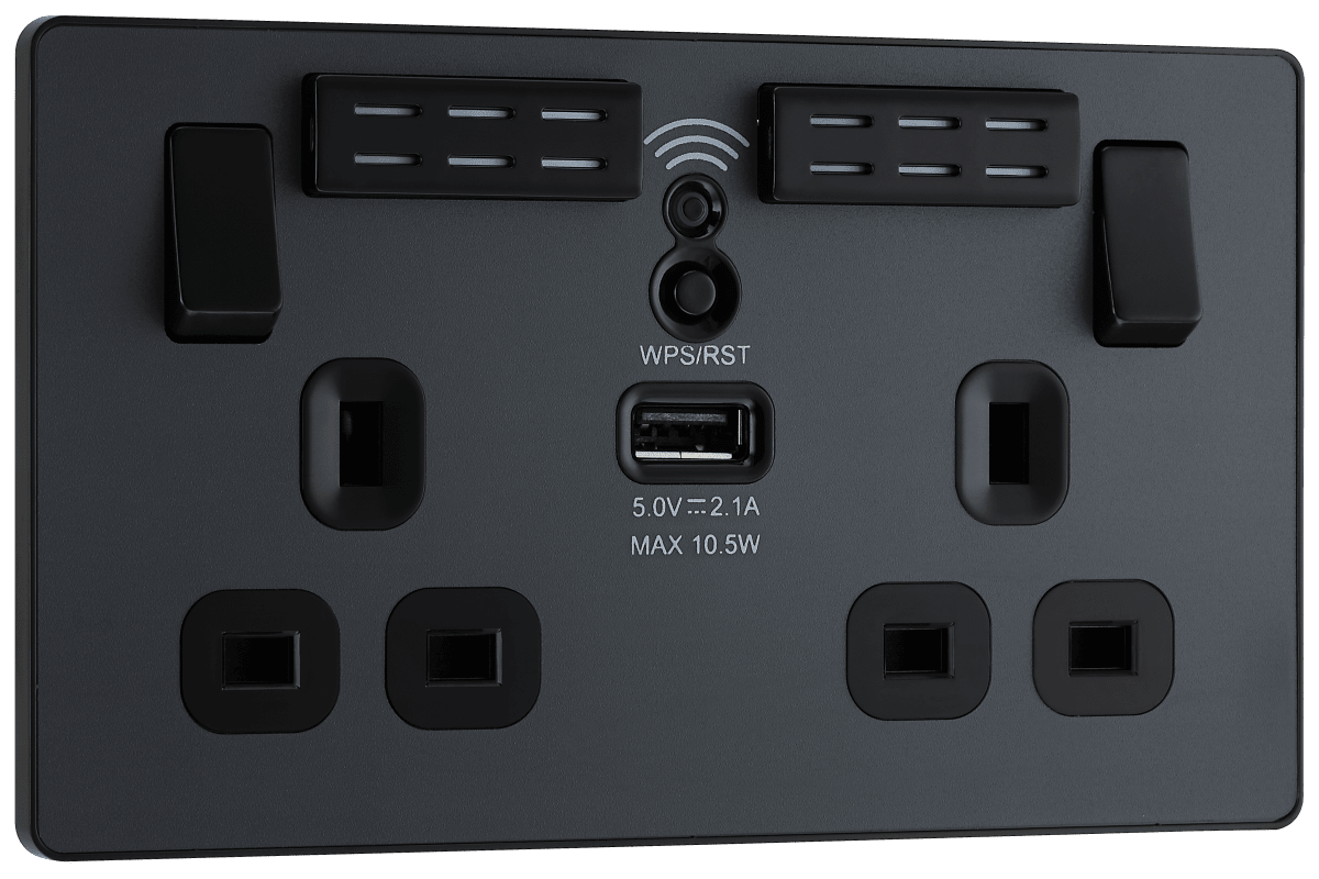 BG Evolve Matt Grey Double, switched, single pole, WiFi Extender + USB A - PCDMG22UWRB-01