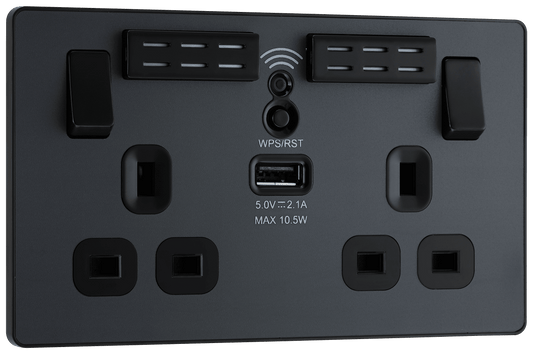 BG Evolve Matt Grey Double, switched, single pole, WiFi Extender + USB A - PCDMG22UWRB-01