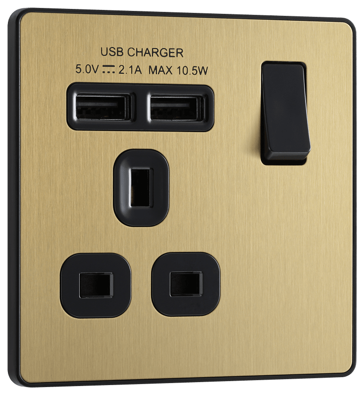 BG Evolve Satin Brass Single, switched, single pole, with 2 x USB A - PCDSB21U2B-01