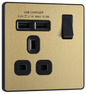 BG Evolve Satin Brass Single, switched, single pole, with 2 x USB A - PCDSB21U2B-01
