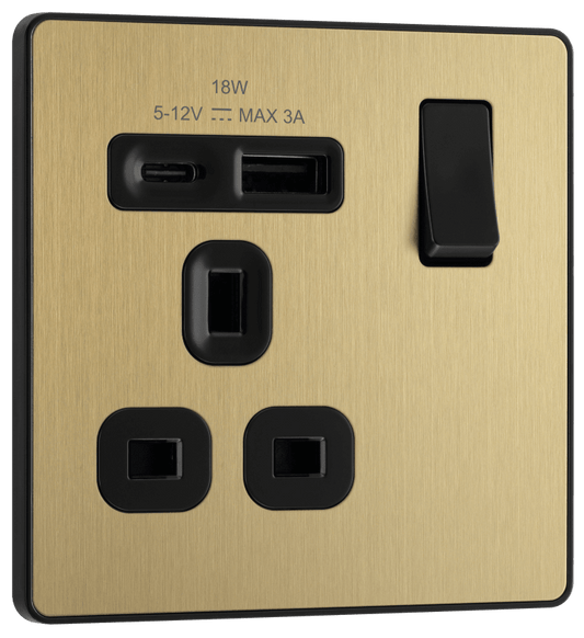 BG Evolve Satin Brass Single, switched, single pole, with 1 x USB A + 1 x USB C - PCDSB21UAC18B-01