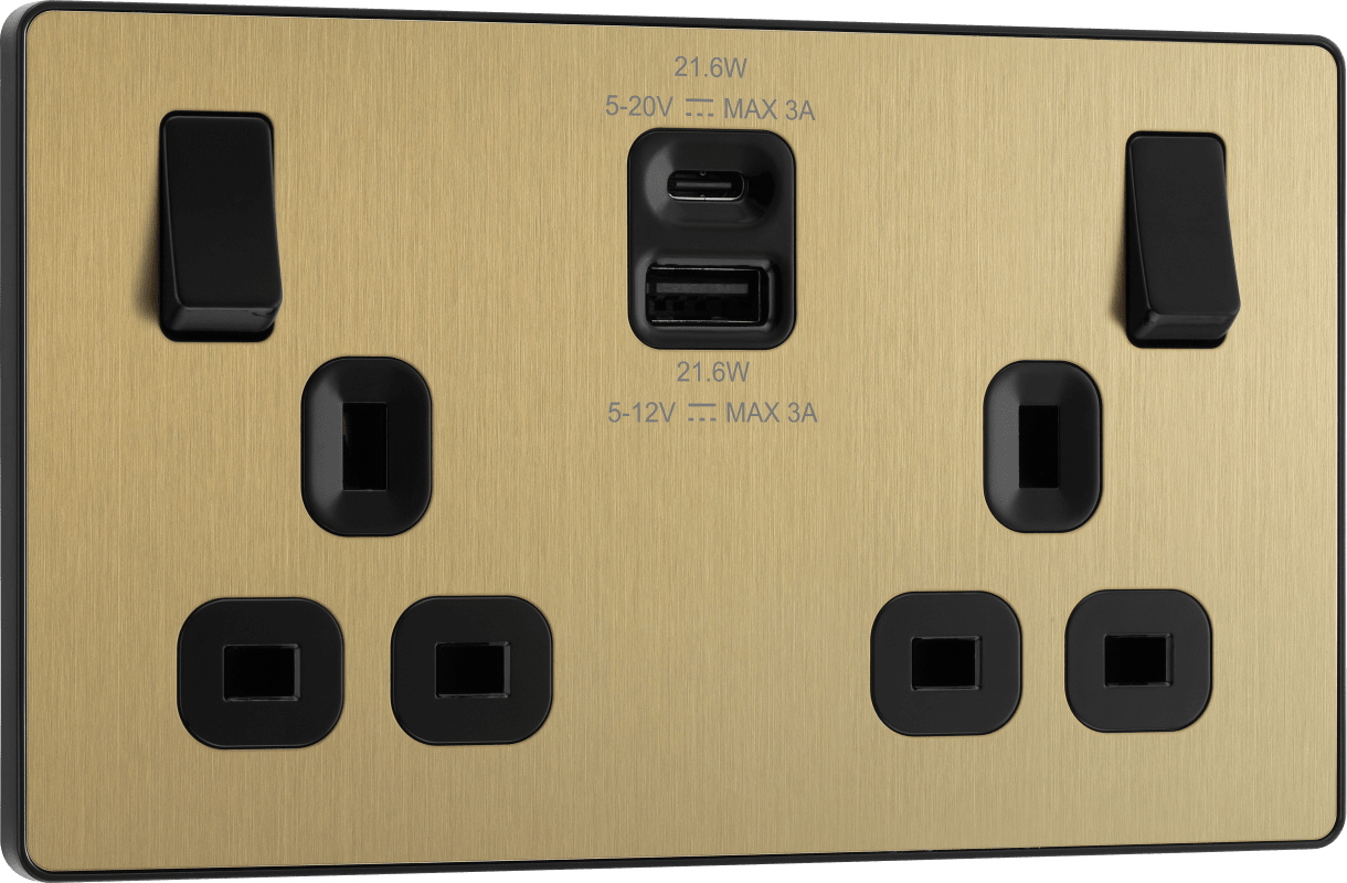 BG Evolve Satin Brass Double switched single pole, with USB A + C (22W) - PCDSB22UAC22B-01