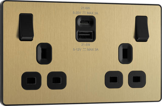 BG Evolve Satin Brass Double switched single pole, with USB A + C (22W) - PCDSB22UAC22B-01