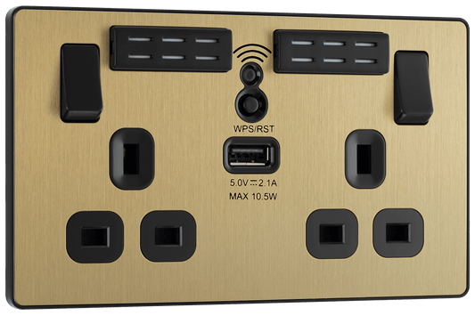 BG Evolve Satin Brass Double, switched, single pole, WiFi Extender + USB A - PCDSB22UWRB-01