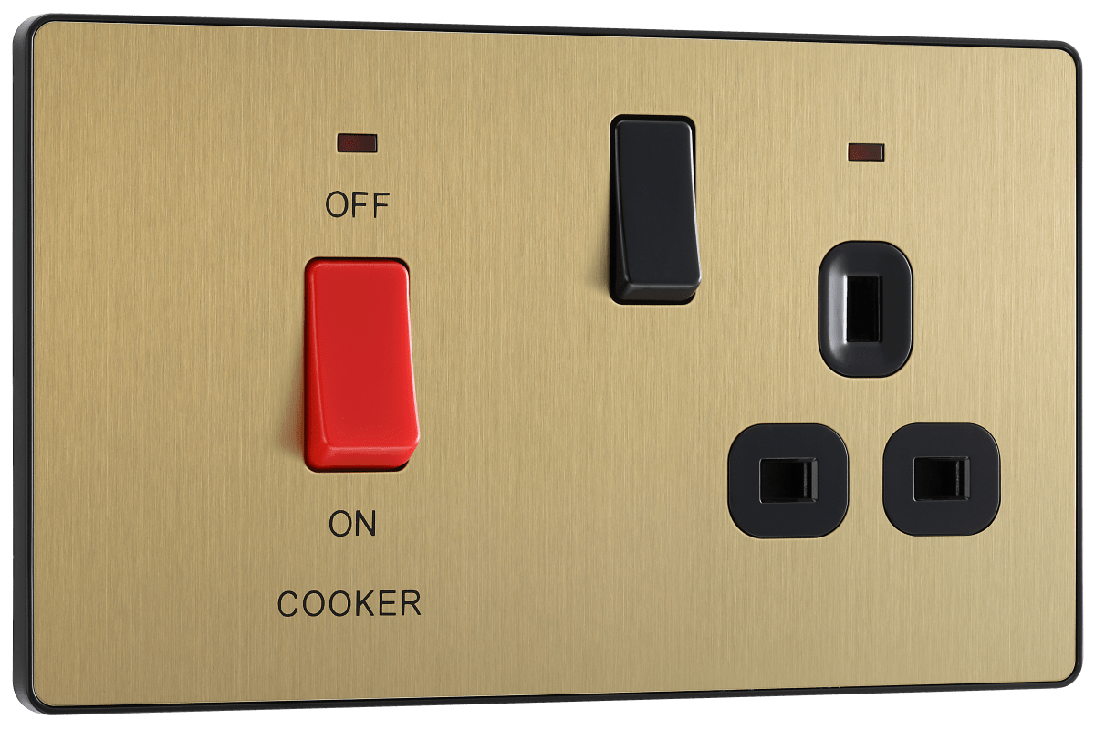 BG Evolve Satin Brass 45A double pole, with switched socket and indicators - PCDSB70B-01