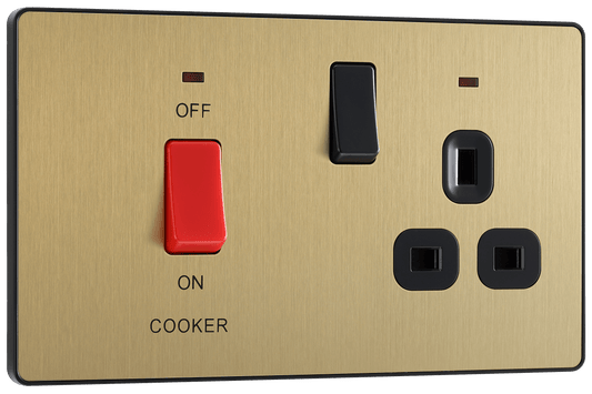 BG Evolve Satin Brass 45A double pole, with switched socket and indicators - PCDSB70B-01