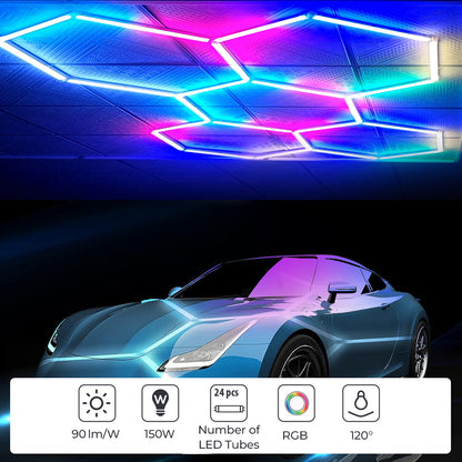 150W Hexagon Shape Showroom LED Lights with 5 Hexagons RGB Colour Remote Control Pack of 24 Tubes