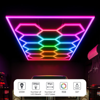 255W Car Showroom Lights with 14 Hexagon design with frame RGBIC with Remote