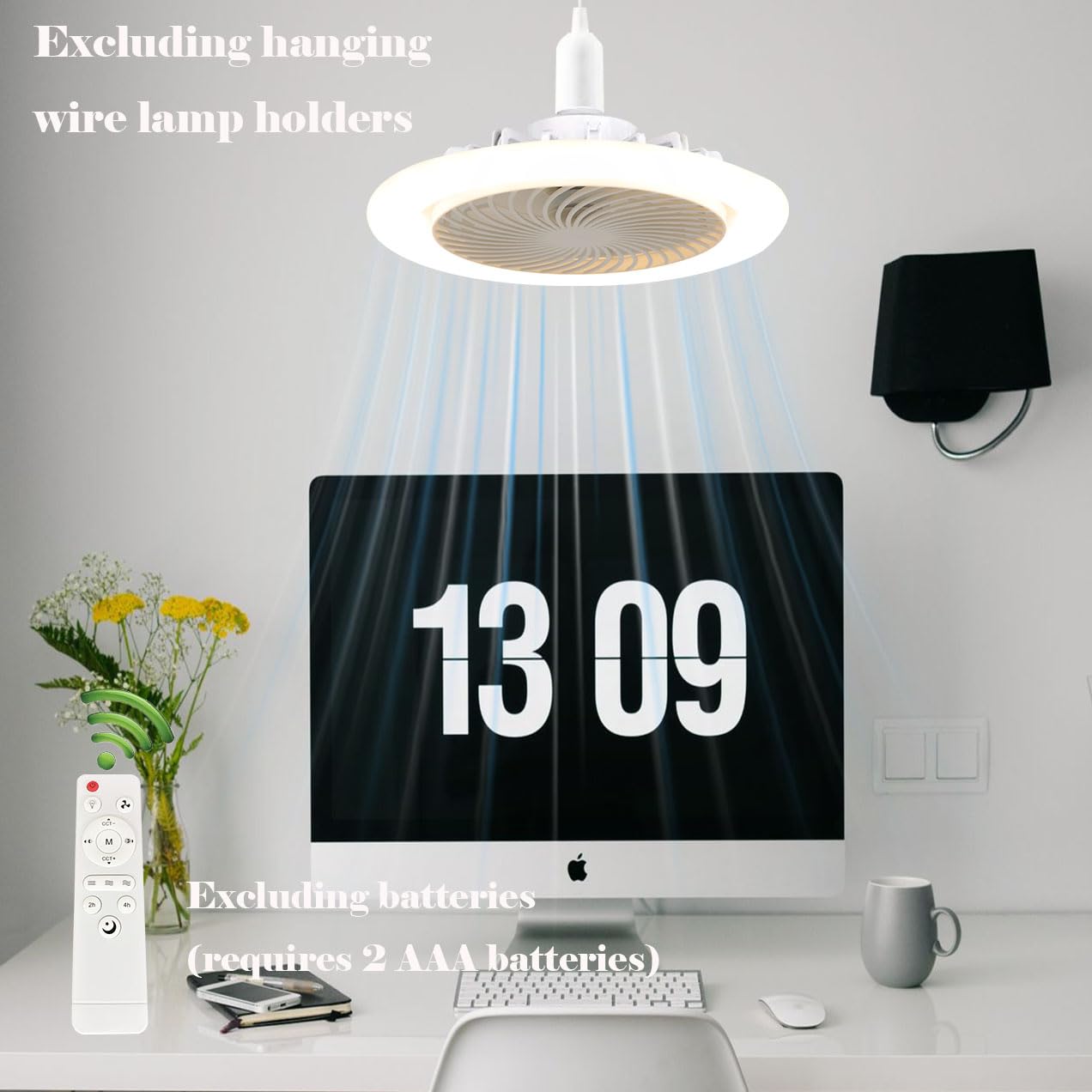 LED Ceiling Fan Light E27 Bulb Fixture with Remote, 3 Speeds & 3 Colour Temperatures - White Fixed Head