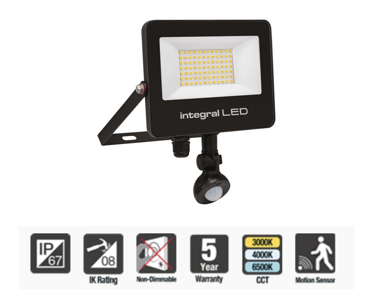 Integral Super Slim 2 Floodlight IP67 3000LM 30W Tuya 3000/4000/6500K PIR 120° Dimmable 100LM/W Black