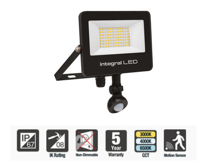 Integral Super Slim 2 Floodlight IP67 3000LM 30W Tuya 3000/4000/6500K PIR 120° Dimmable 100LM/W Black