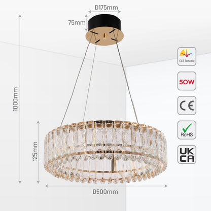Crystal Gold Pendant Chandelier Light with Remote Control