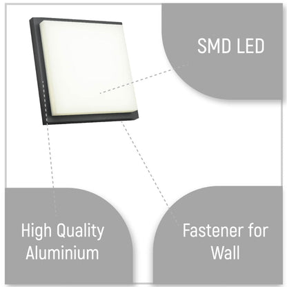LED Diecast Wall Lamp, Square, 20W, IP54, Anthracite Grey, 250mm