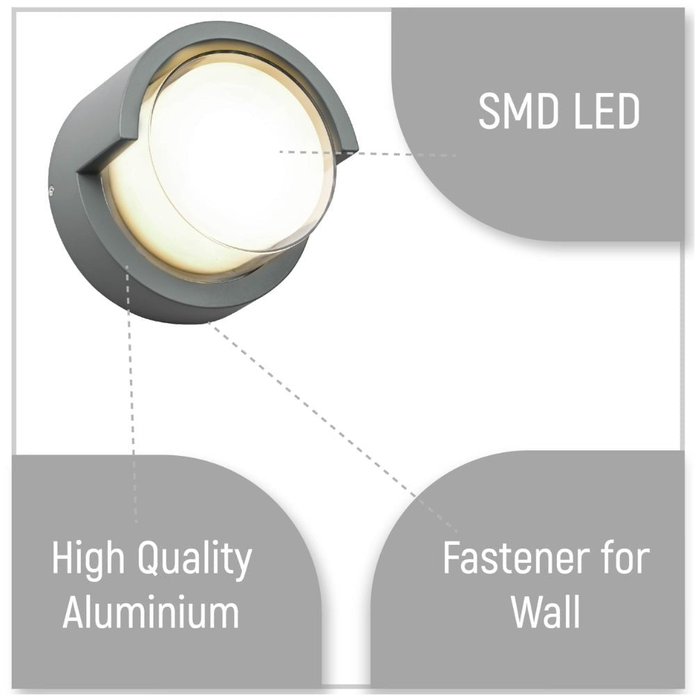 LED Diecast Aluminium Round Hood Wall Lamp 12W IP54 Grey