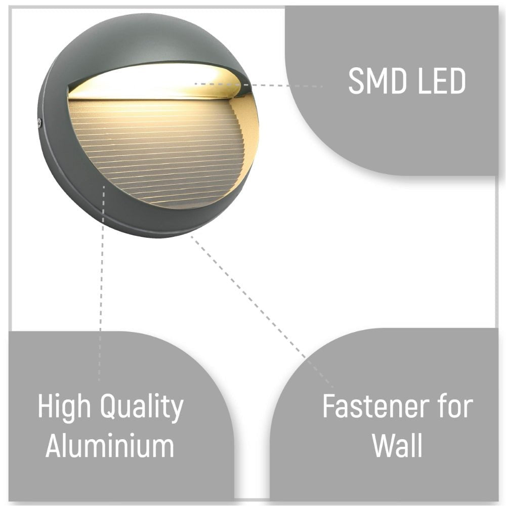 LED Diecast Aluminium Round Stair and Wall Light 5W IP54 Grey