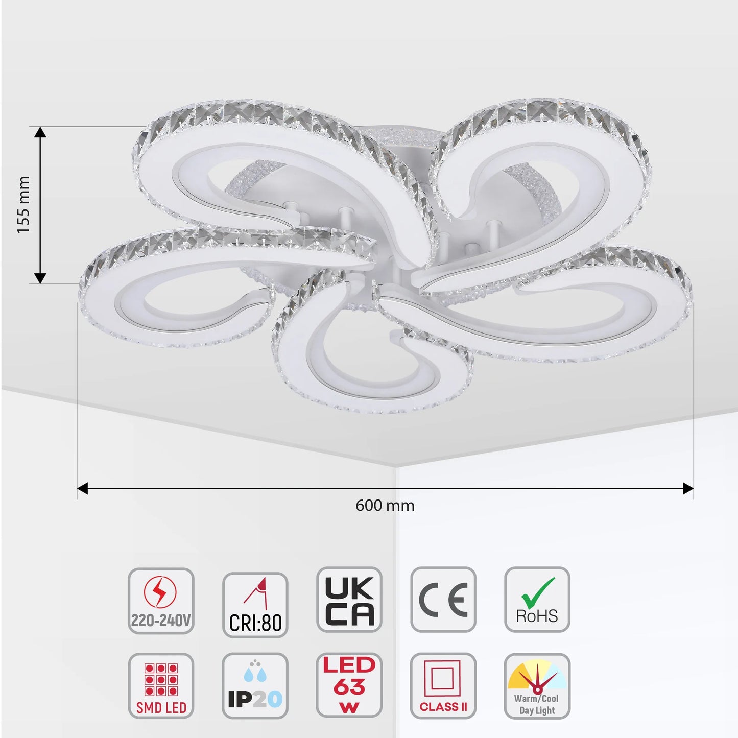 Crystal LED Ceiling Lights - Floral, Double Ring, Double Square, Quadruple Ring Designs