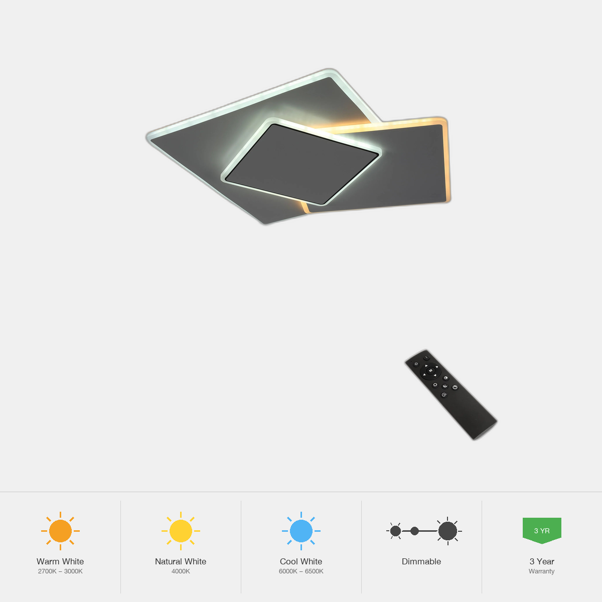 Tekled Staggered Trio Square LED Ceiling Light, CCT Tunable wi