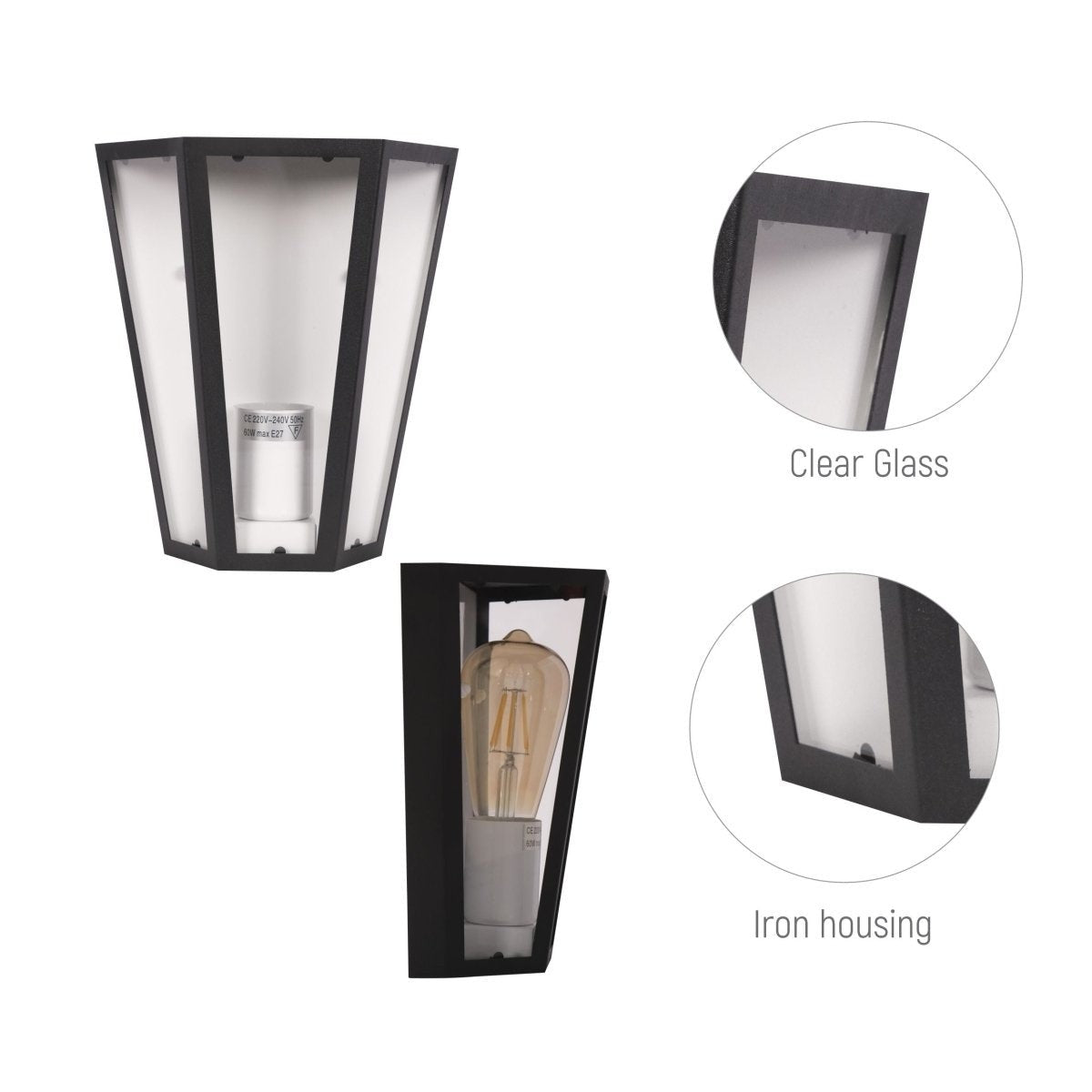 Modern Lantern Trapezium Cuboid Wall Lamp Upward Base Matt Black&White Clear Glass E27