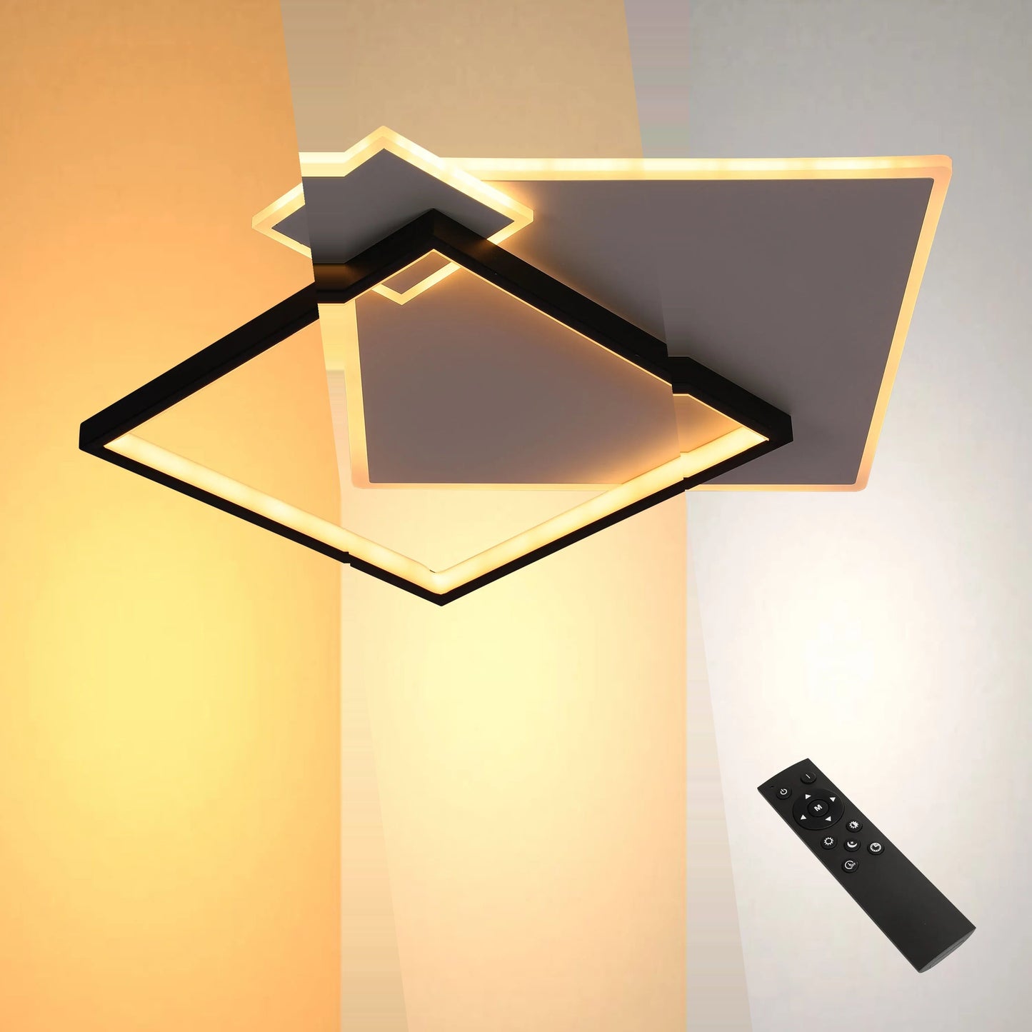 Layered Square LED Ceiling Light, CCT Tunable with Remote, Black & White, 72W, Flush Mount