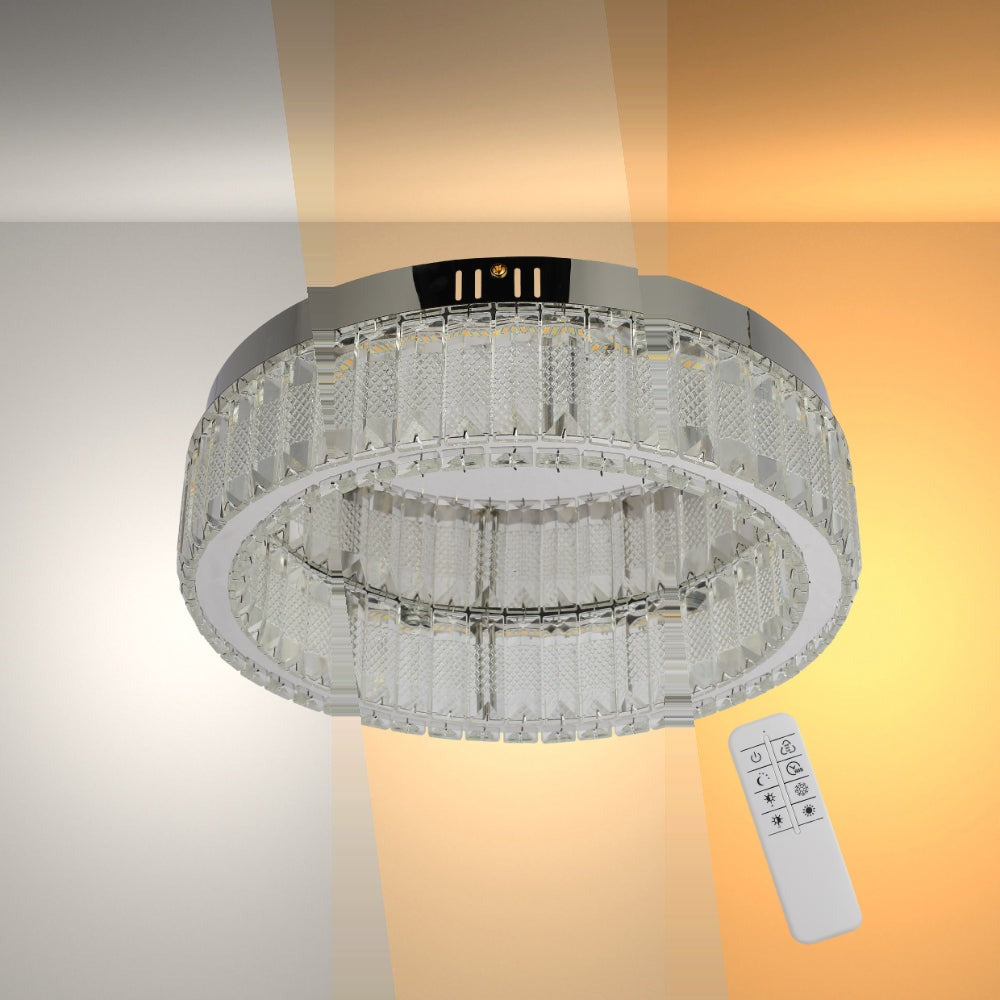 Ring Crystal Chrome Flush Ceiling Chandelier Light with Remote Control 3 Colour