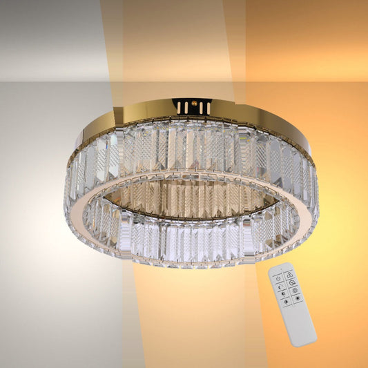 Ring Crystal Gold Flush Ceiling Chandelier Light with Remote Control 3 Colour