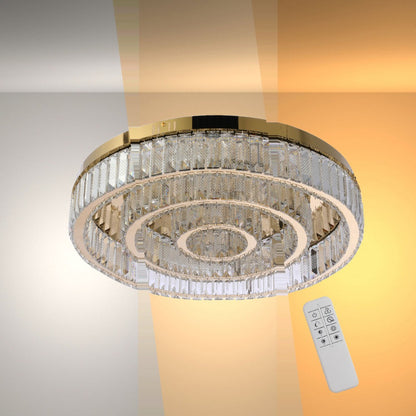 Triple Nested Ring Crystal Flush Ceiling Chandelier Light with Remote Control 3 Colour D600mm
