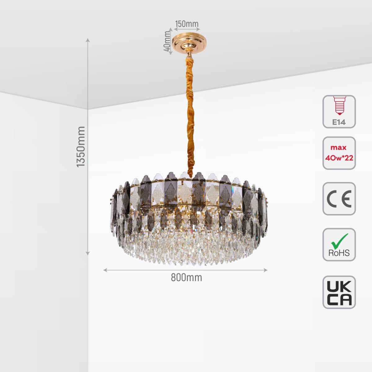 Deluxe Smoky Clear Crystal Modern Chandelier Light Gold