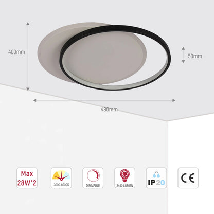 Dual-Ring LED Ceiling Light, CCT Tunable Dimmable with Remote, Flush Mount