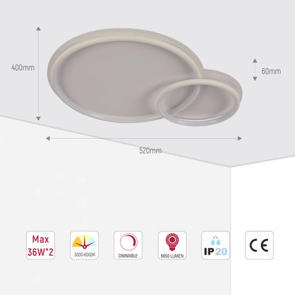 Dual-Ring LED Ceiling Light, CCT Tunable Dimmable with Remote, Flush Mount