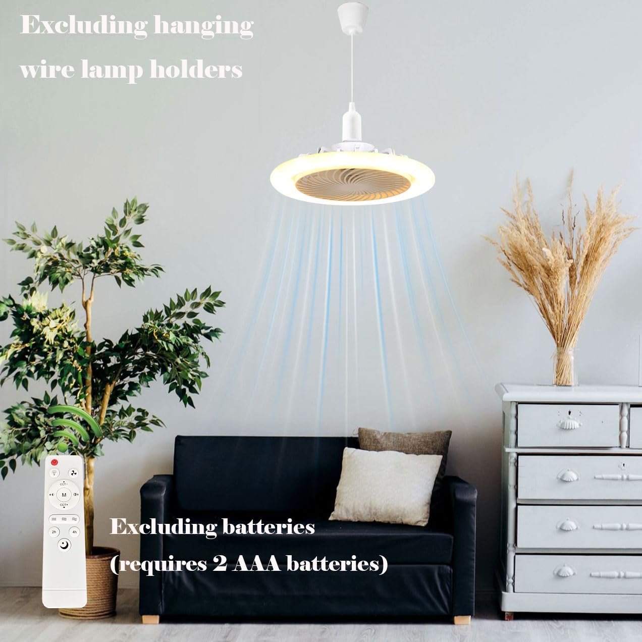 LED Ceiling Fan Light E27 Bulb Fixture with Remote, 3 Speeds & 3 Colour Temperatures - White Fixed Head